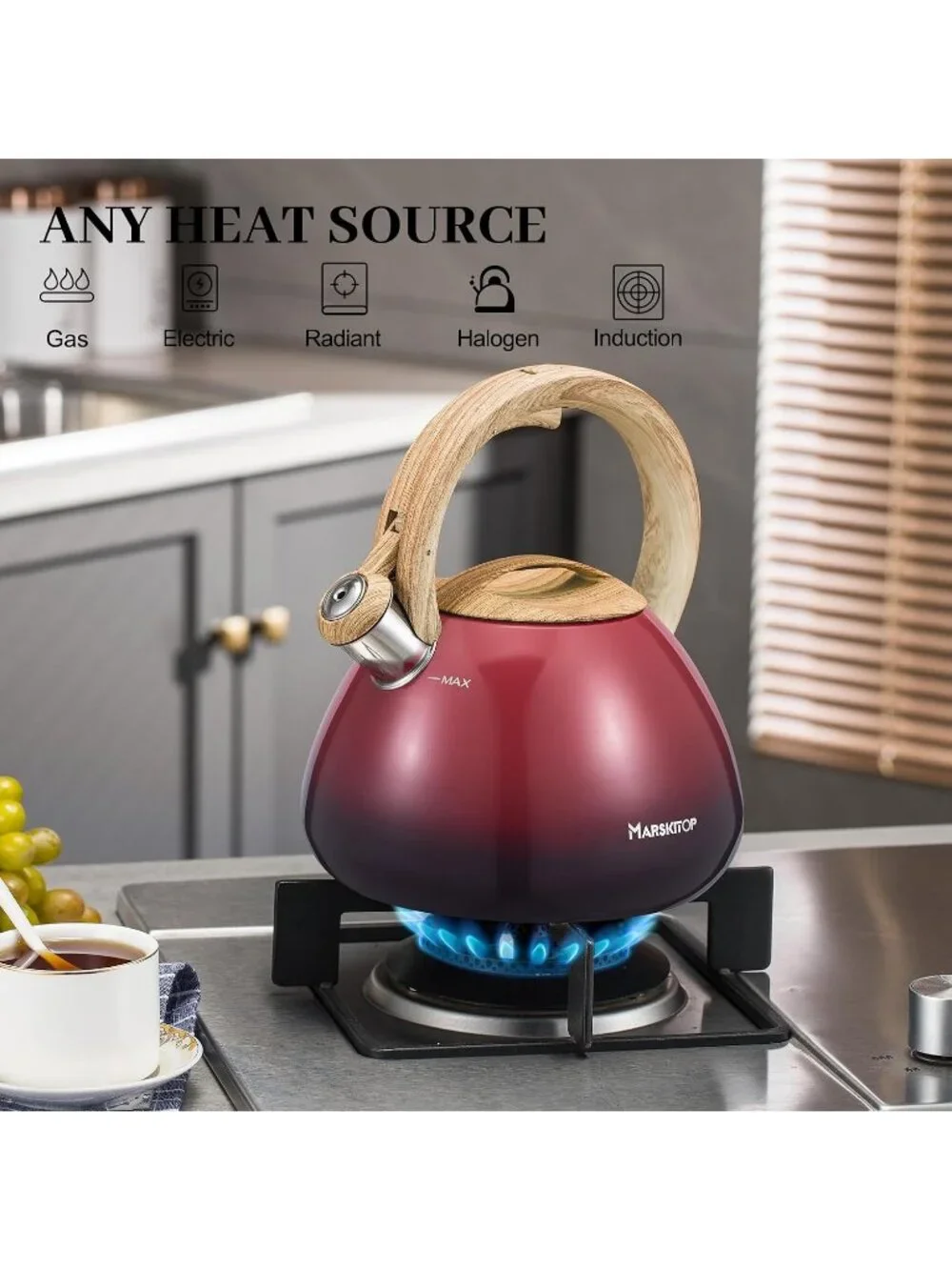 Red Stainless Steel Kitchen Whistling Tea Kettles 2.6QT Stovetop Cookware Pot